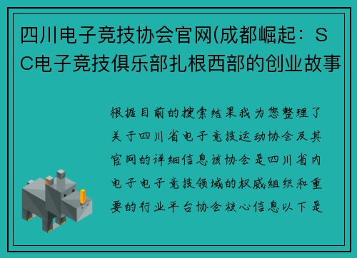 四川电子竞技协会官网(成都崛起：SC电子竞技俱乐部扎根西部的创业故事)